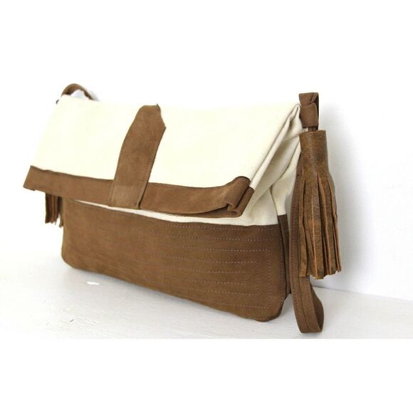 HANDMADE MURKA NATURAL IVORY CANVAS BROWN LEATHER TASSEL FOLD OVER SHOULDER BAG - Picture 3 of 11